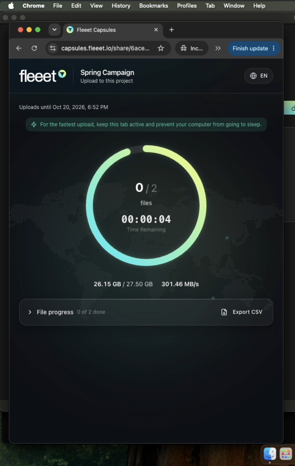 Fleeet Capsules in Chrome showing upload progress, file progress and CSV export.